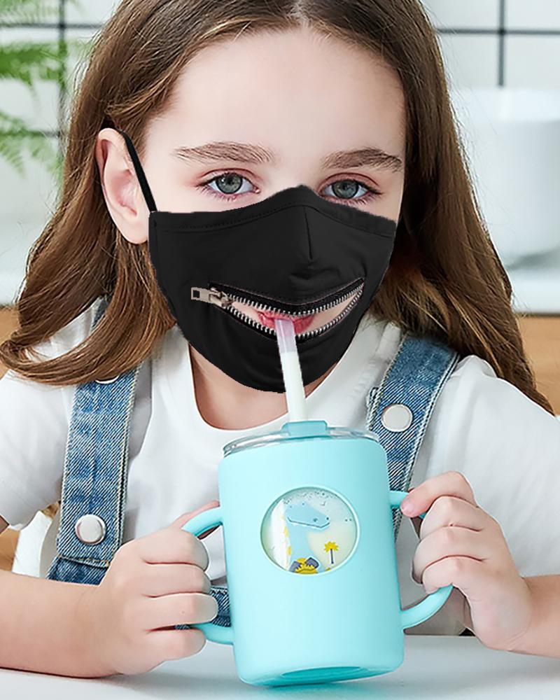 child drinking through opening in mask