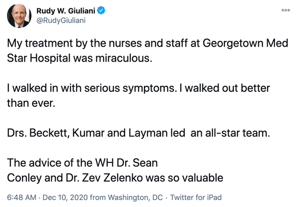 Rudy Giuliani thanks Dr. Zev Zelenko and Dr. Sean Conley for COVID advice.