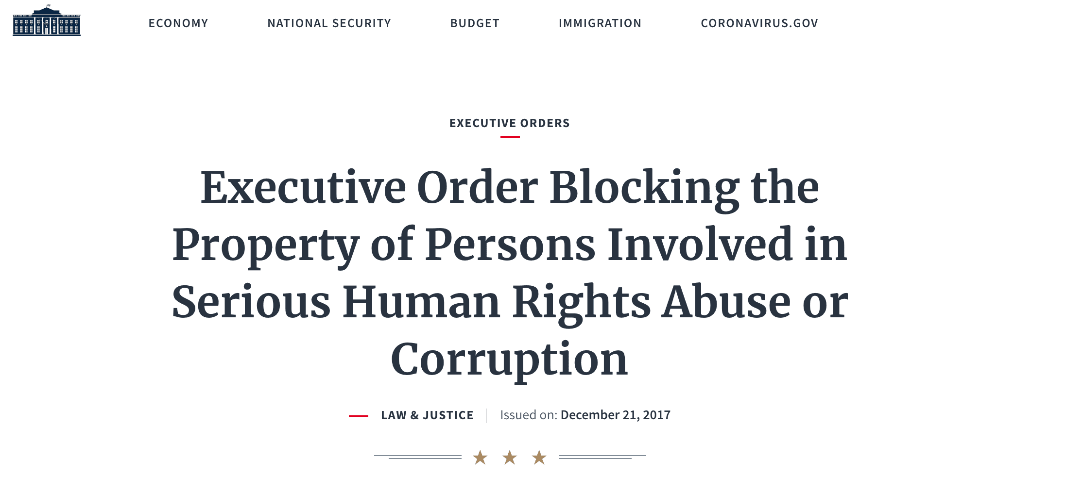 President Trump Executive Order Blocking Property of Persons Involved in Serious Human Rights Abuse Corruption December 2017