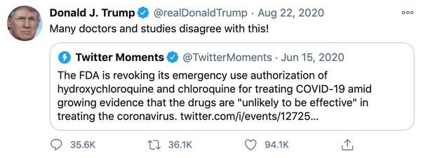 President Trump tweets that doctors don't agree with HCQ ban